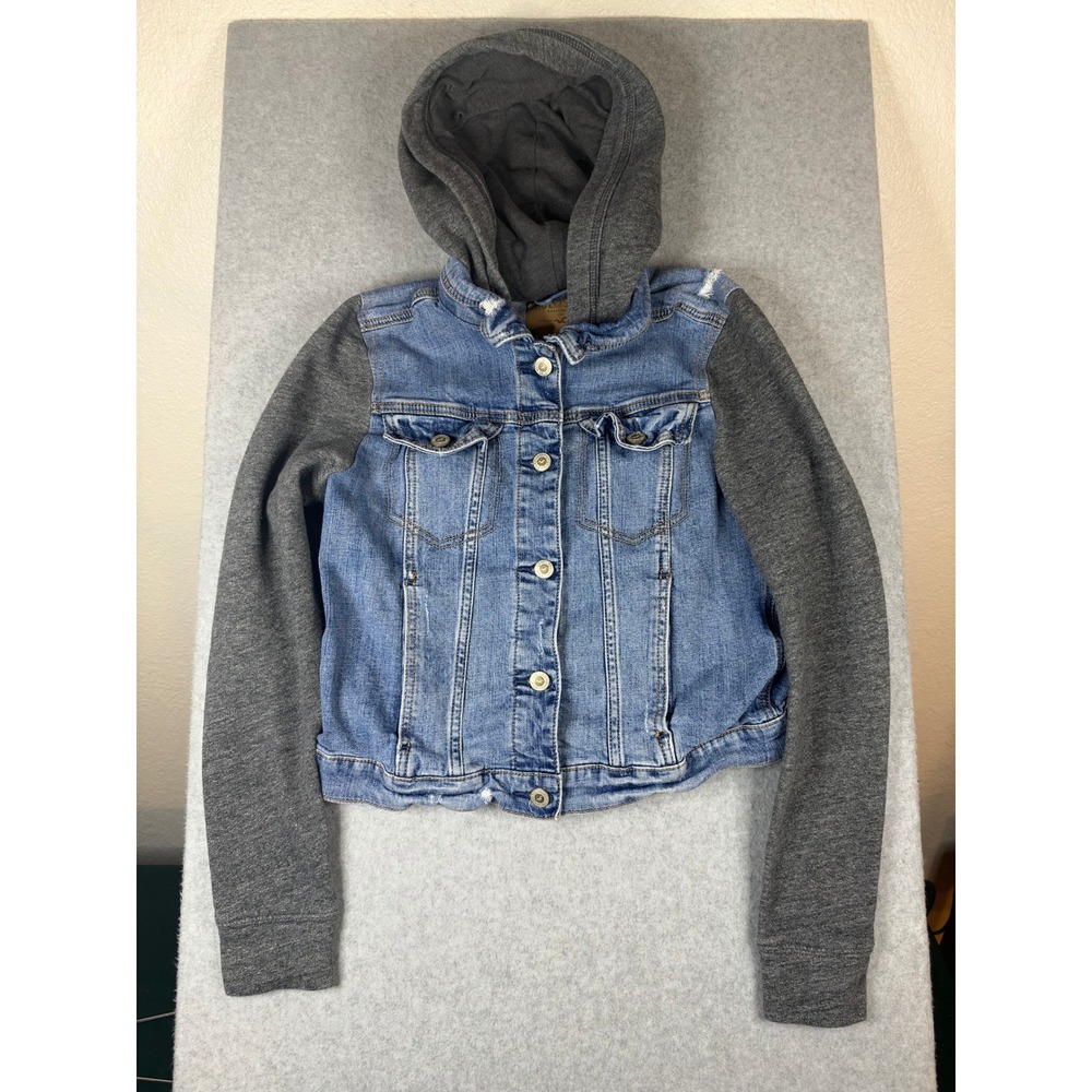 Hollister Denim Jacket Gray Jersey Hooded Sleeves Mixed Media Blue Medium